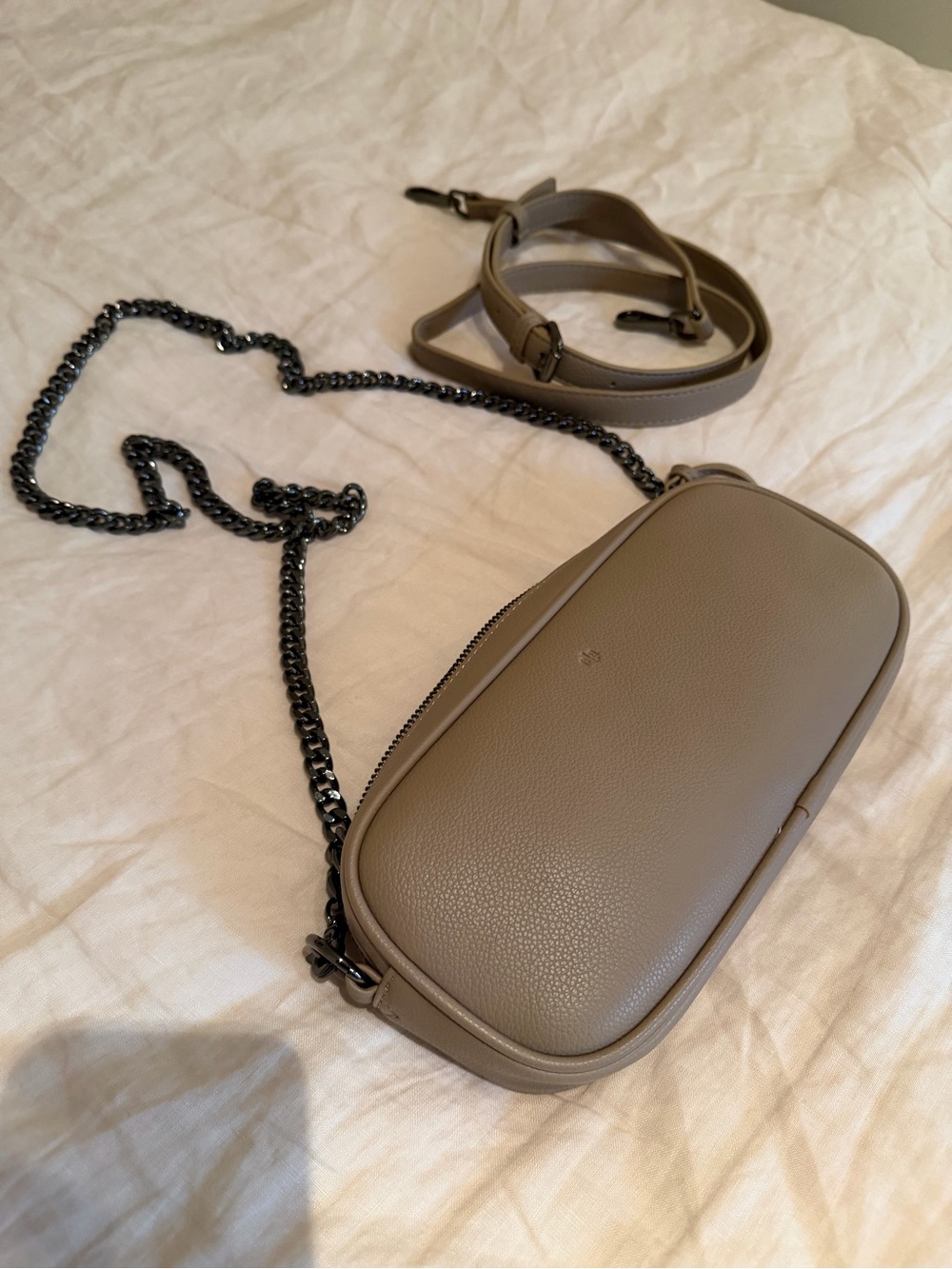 Taupe Pebbled Vegan Leather Crossbody with Gunmetal Chain + standard Strap